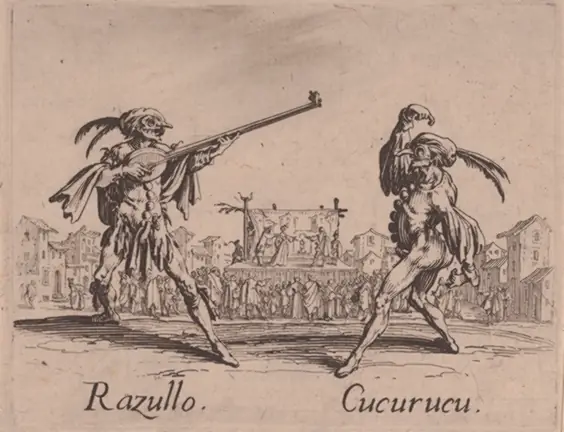 Two masked commedia dell&rsquo;arte players in splay-legged dancing postures, etched in fine outline, with a crowd around a raised stage behind them
