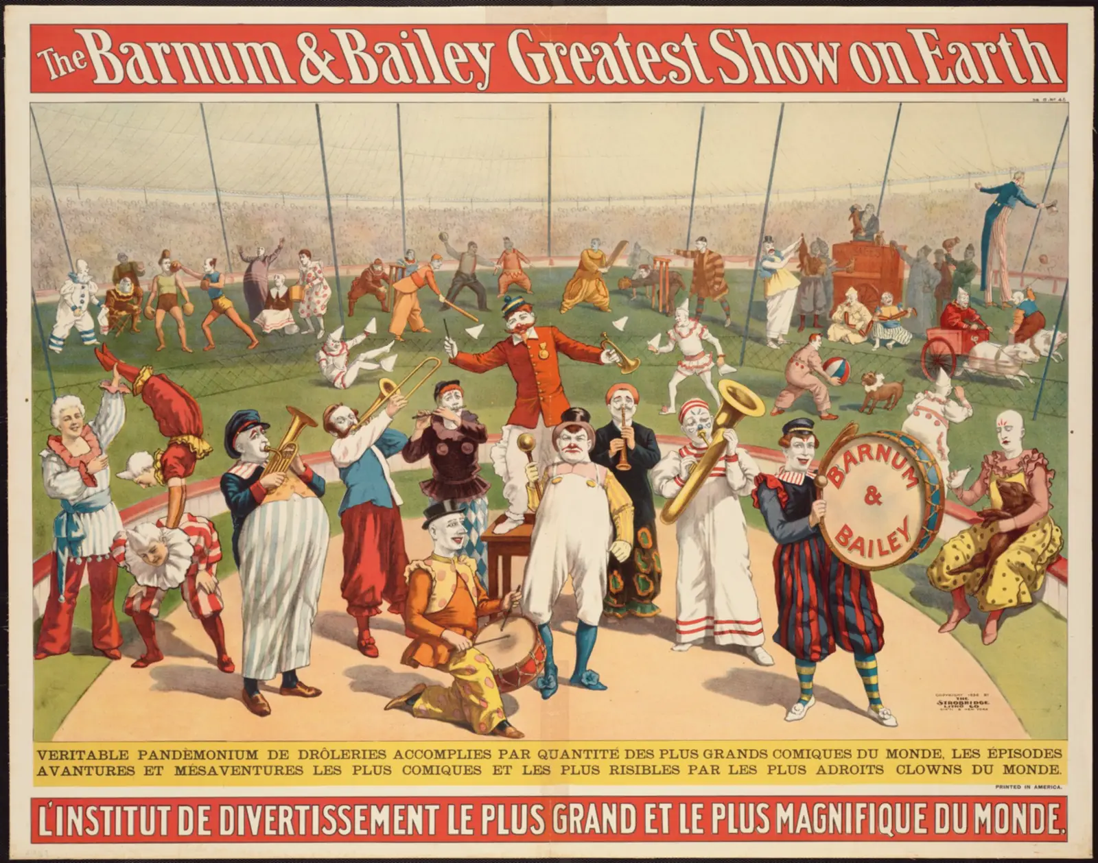 A Barnum and Bailey poster crowded with clowns in whiteface and motley playing brass instruments and drums, with dozens more acts filling the ring behind them
