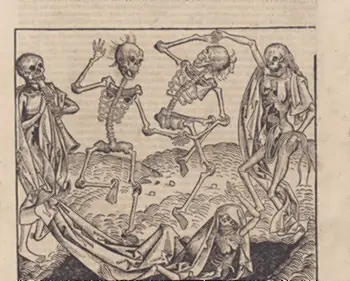 A woodcut of skeletons dancing in a ring above an open grave, one of them piping a tune