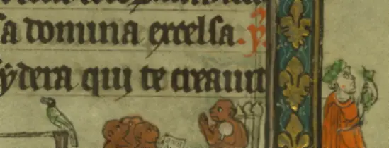 Marginal scene from a medieval Book of Hours: monkeys and small figures at play beneath a line of text