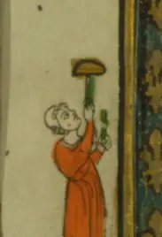 A physician in a Book of Hours margin, holding a flask up to the light