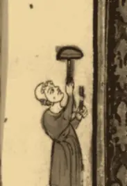 A physician in a Book of Hours margin, holding a flask up to the light